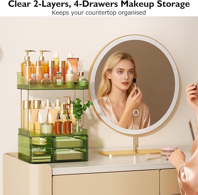 SNSLXH 4 Drawers Makeup Organizer - 4 Tier Makeup Storage, Cosmetics Organiser, Ideal for Cosmetic, 4 Dividers with Drawers for Countertop, Bathroom, Office Supplies, Dresser Transparent Green