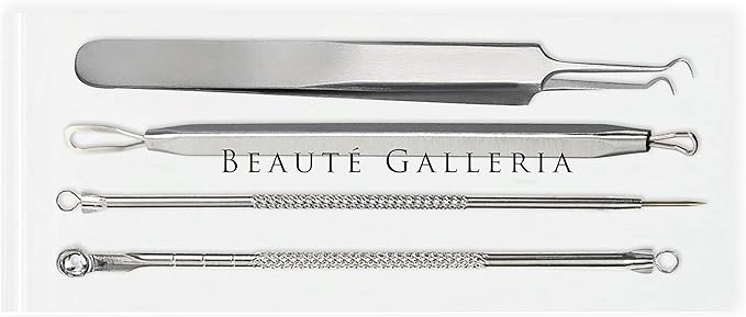 Beaute Galleria 4 Pieces Blackhead Remover Pimple Extractor Popper Bend Curved Tweezers for Acne Comedone Blemish Whitehead Zit Removal Tool Kit with Instructions