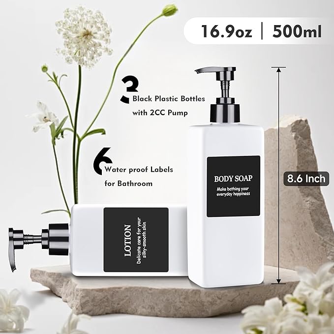 Refillable Plastic Pump Bottle Dispenser with Waterproof Labels - Empty Bathroom Soap and Body Wash Dispenser Set (White, Set of 3, 500ML)