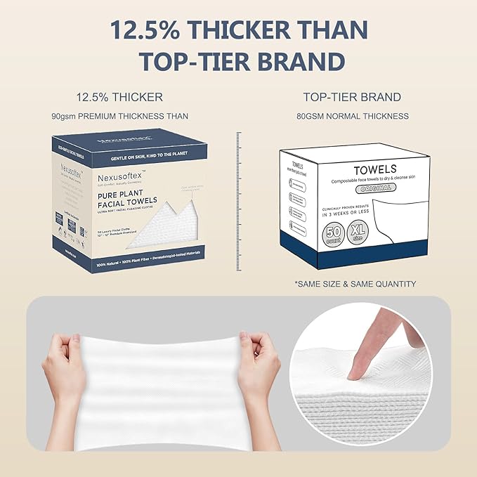 Premium Disposable Face Towels, 10"x12" XL, 90gsm Ultra-Thick 100% USDA Biobased Facial Towel, Gentle for All Skin Types, Magnetic Closure Box with Visibility Window (1 pack of 50ct)