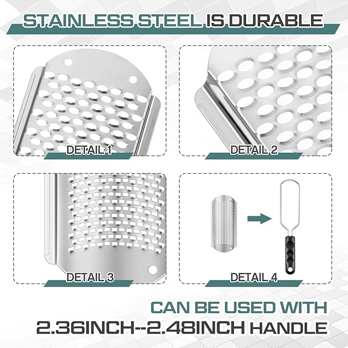 Moxweyeni 8 Pack Silver Foot File Callus Remover Replacement Blades Metal File Callus Remover Hard Skin Remove Stainless Steel 2 Designs Big/fine Hole for Detachable Foot Scrubber