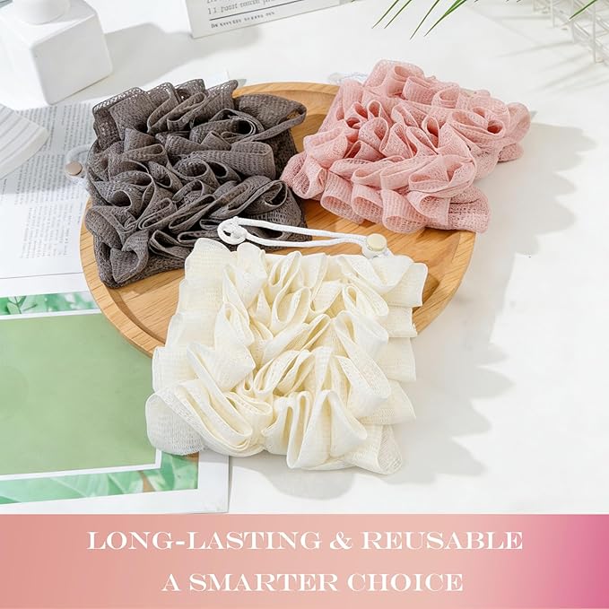 3-Pack Loofah Washcloth Combo 2-in-1, Exfoliating Soap Saver Pouch with Bar Soap Pocket, Reusable Shower Sponge for Body Wash & Smooth Skin, Coffee Brown, Pink, White