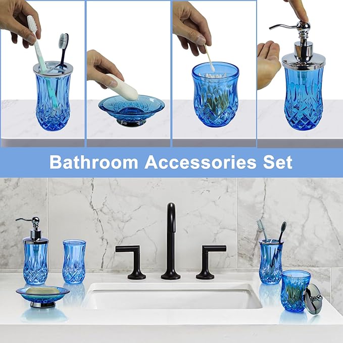 Bathroom Accessories Set,5 Pcs Blue Glass Bathroom Accessory Set,Complete Lotion Soap Dispenser,Toothbrush Holder,Soap Dish,Tumbler & Jar,Modern Bathroom Decor Sets Gift,Round