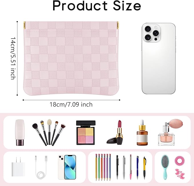 Sightor 2PCS Pocket Cosmetic Bag for Purse, Checkered Makeup Bag Portable Leather Cosmetic Bag for Women, Coin Purse Lipstick Cosmetic Accessories Organizer Travel Cosmetic Pouch (Black, Pink, L)