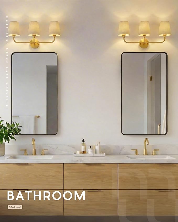 3-Light Bathroom Light Fixtures, Brushed Gold Vanity Lights with Brown Fabric Shade, Modern Sconces Wall Lighting for Hallway Bedroom, Upward Lighting, VL837-BG-L-3