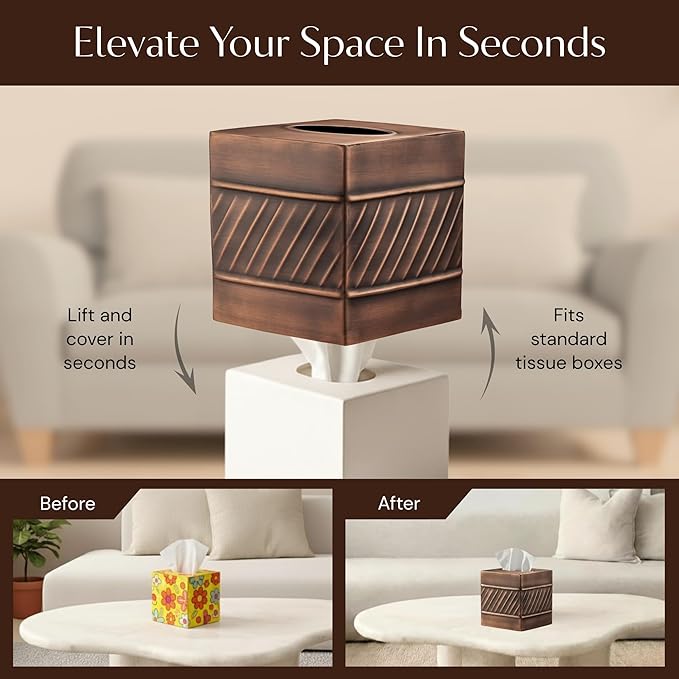 Monarch Abode Tissue Box Cover Square – Handcrafted Wave Embossed Antique Copper Metal Tissue Holder Box for Bathroom Accessory, Aesthetic Decorative Facial Napkin Cube for Modern Home Decor