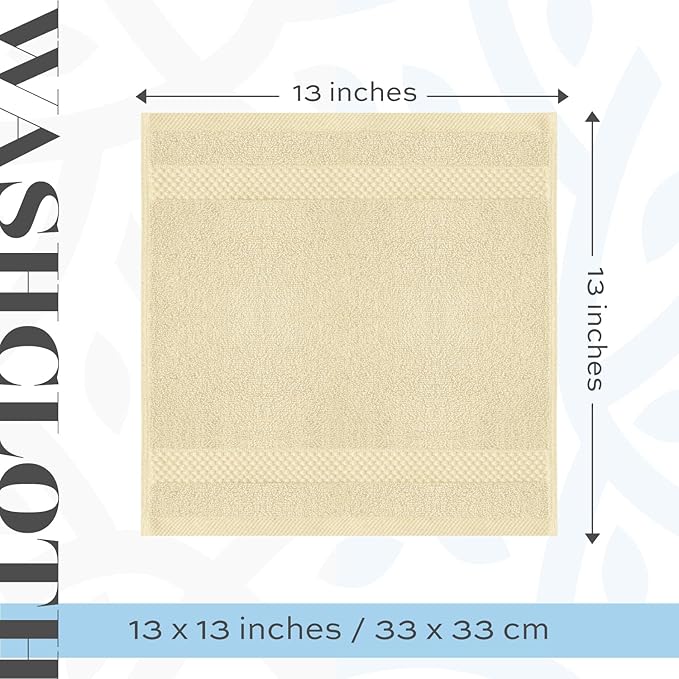 White Classic Luxury Cotton Washcloths 13x13 Inch - 650 GSM Turkish Cotton | Hotel, Spa, Bathroom Face Towel | 12 Pack, Beige