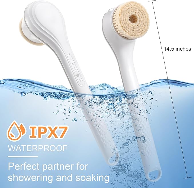 LINGSFIRE Electric Body Brush Rechargeable Back Scrubber for Shower Exfoliating Bath Brush Long Handle for Shower Lotion Applicator for Back Silicone Body Scrubber with 6 Shower Brush Heads