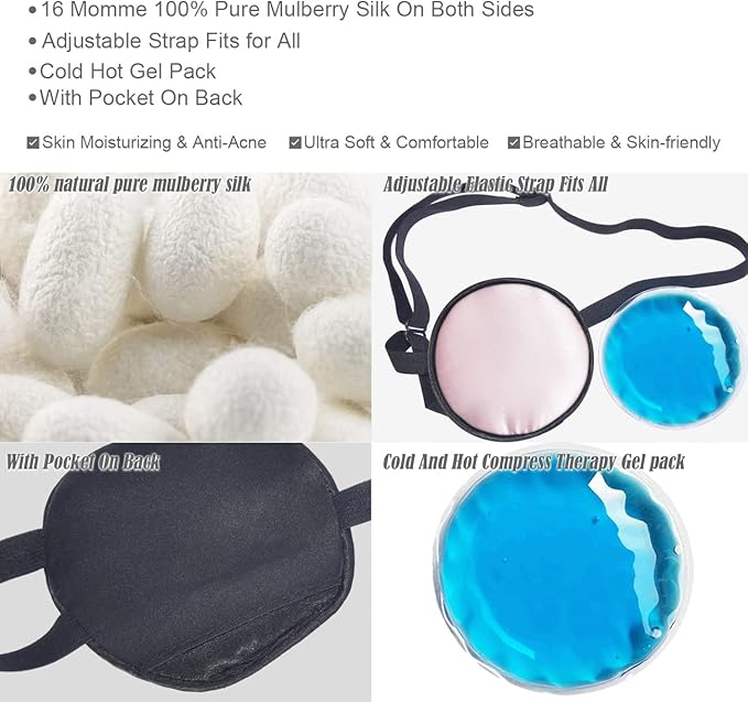 Cooling Eye Patches for Puffy Eyes, Pure Silk Ice Eye Patch, Single Eye Mask, Medical One Eye Cover Cold Hot Therapy Strabismus Lazy Eyes After Surgery Adult Kid Pirate Eyepatch (Pink)