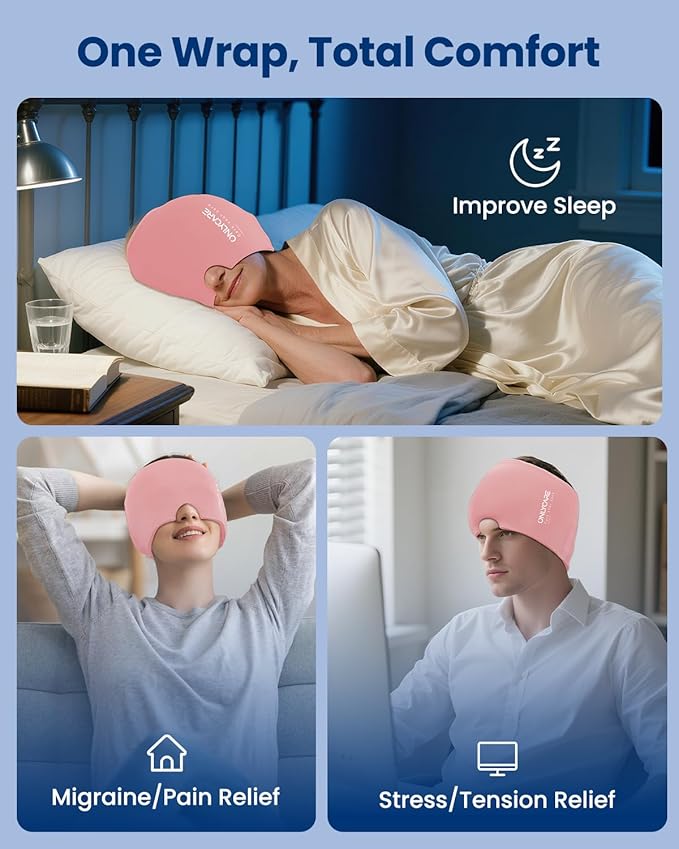 Upgraded Migraine Relief Cap, ONLYCARE Headache Relief Cap, Soothing Migraine Mask, Odorless Gel Ice Head Wrap, Hot & Cold Therapy, Reusable Ice Pack for Tension and Stress, Pink