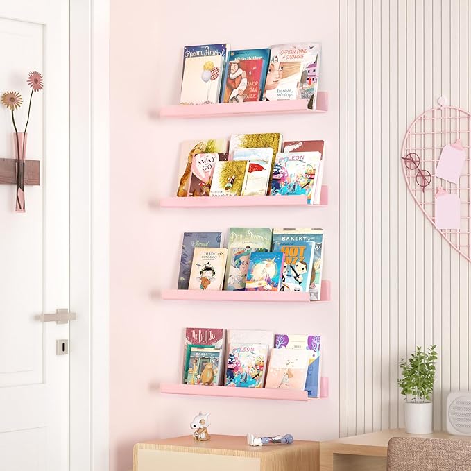 upsimples Acrylic Shelves for Wall Decor, 15" Display Shelf Perfume Organizer for Bathroom, Bedroom, Living Room, Floating Bookshelves for Kids, Pink, 4 Pack