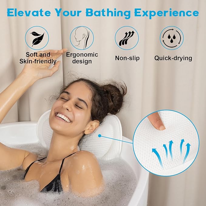 Bath Pillows for Tub Neck and Back Support - Upgraded Non-Slip Rubber Backing & 6 Suction Cups, 4D Air Mesh Spa Bathtub Cushion for Head Rest, Machine Washable with Laundry Bag & Hook(White)