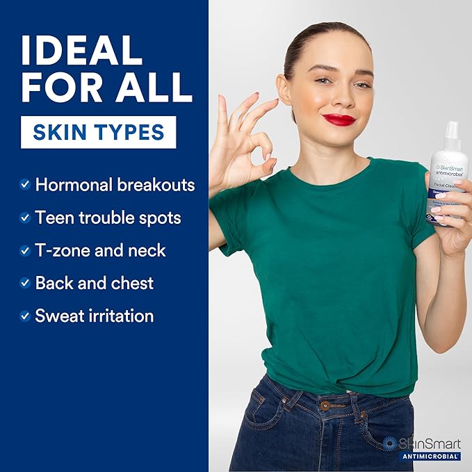 SkinSmart Antimicrobial Facial Cleanser for Breakouts & Blemishes; Hypochlorous Acid Formula Targets Bacteria to Reduce Skin Irritation and Flush Pores Clean, 8 oz Spray, All Ages & All Skin Types