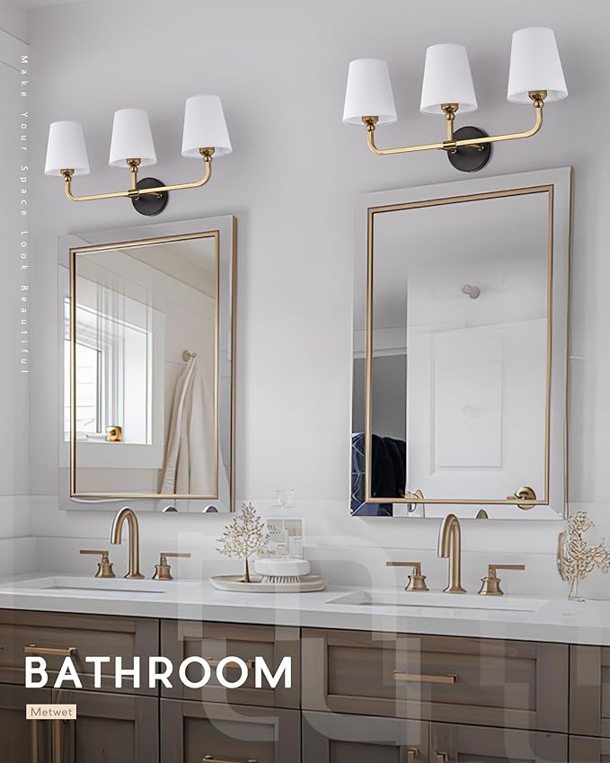 Bathroom Light Fixtures, Black and Gold Vanity Lights with Flared White Fabric Shade, 3-Light Wall Sconce, Modern Sconces Wall Lighting for Hallway Bedroom, VL837-KG-3