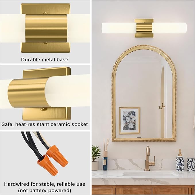 Kalium Bathroom Wall Sconce Fixture, 21 Inch Modern Vanity Lights with Frosted Glass Shade, Indoor Sconces Lighting Wall Decor Lamps for Bathrooms Living Room Stairs Bedroom (Gold)