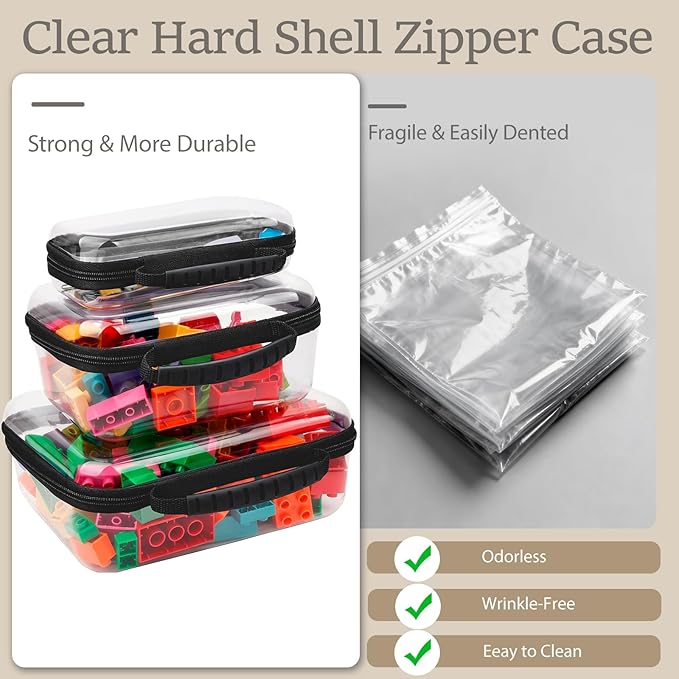 3 Pack Clear Hard Shell Zipper Case with Handle Waterproof Plastic Storage Pouches for Toiletry Makeup Cosmetic Toys Art Supplies Case Bag Organizer Travel