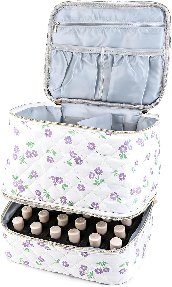 hibear Nail Supplies Organizer Nail Polish Storage Holds 30 BottlesNail Polish Storage Holds 30 Bottles Nail Kit Case Makeup Bag Vanity Case for Women (floral blue)