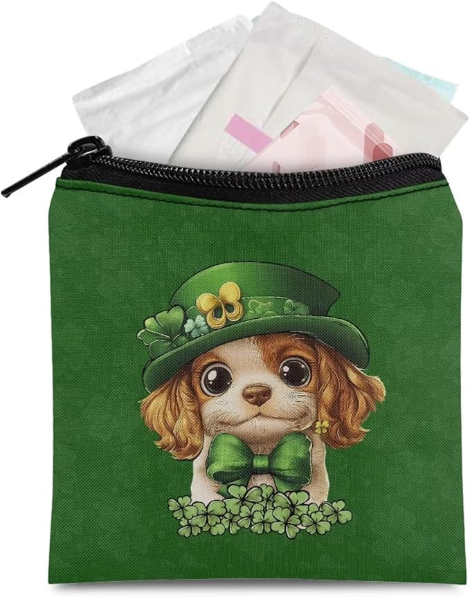 Spring Green Print Period Bag with Zipper Artsy Cute Dog Sanitary Napkin Storage Bag for Active Women Leak-Proof Menstrual Organizer for Sports & Outings