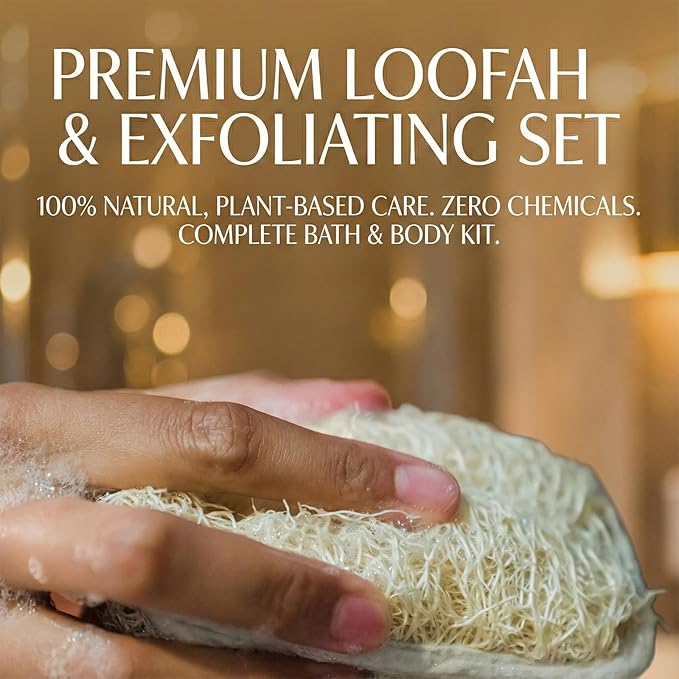 Natural Loofah Back Scrubber for Shower for Men and Women, Exfoliating Loofah Sponge with Soap Saver, 4-pcs