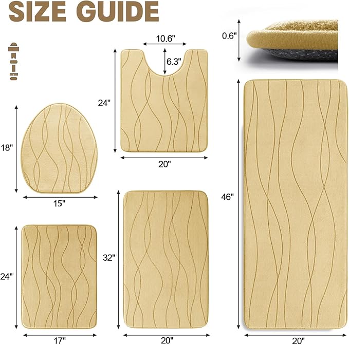 YIHOUSE Memory Foam Beige Bathroom Rug Sets 5 Piece, Ultra Absorbent Bath Mat for Bathroom - Non-Slip Machine Washable & Dry Quickly, 5 Piece Bathroom Mat Set, Beige