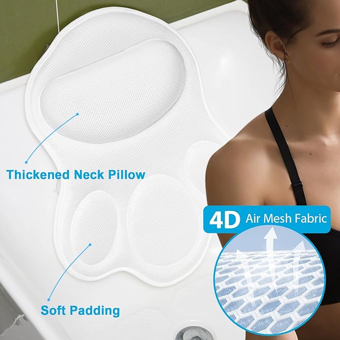 Bath Pillows for Tub Neck and Back Support - Upgraded Non-Slip Rubber Backing & 6 Suction Cups, 4D Air Mesh Spa Bathtub Cushion for Head Rest, Machine Washable with Laundry Bag & Hook(White)