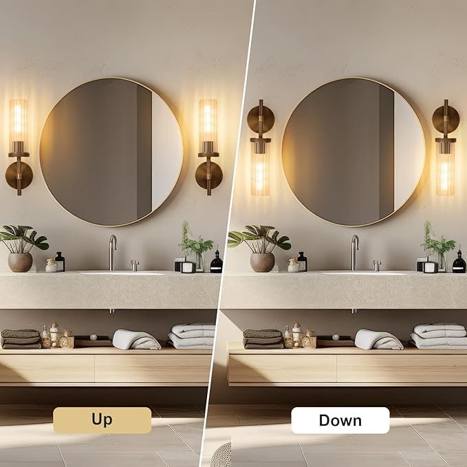 15" Knurled Bronze Hardwired Wall Sconces Set of 2, Bathroom Vanity Light Fixtures with Vertical Striped Glass Tube, Modern Lamp Lighting for Bedroom, Living Room, Hallway, Staircase, Mirror, Kitchen