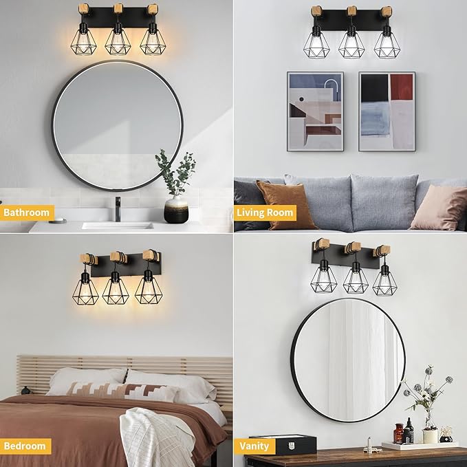 3-Light Farmhouse Vanity Light, Industrial Wood Bathroom Light Fixtures Over Mirror, Metal Lampshade for Bathroom, Hallway, Living Room