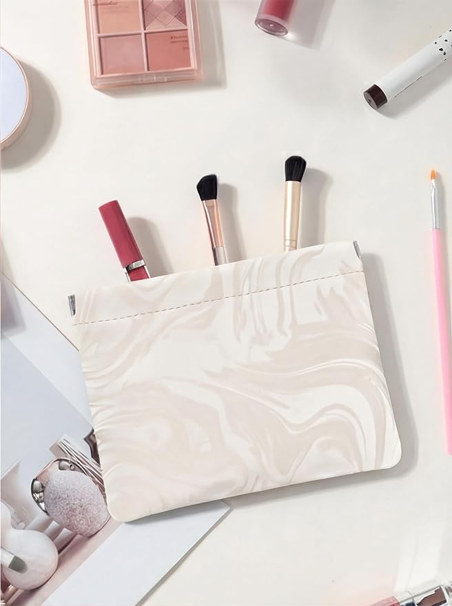 PU Leather Makeup Pouch Set for Women Small Make Up Bag for Purse Waterproof Initial Makeup Cosmetic Bags Pouches for Purse Aesthetic Travel Toiletry Bag,Elegant Wave White