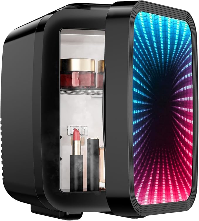 MF01C Mini Fridge, 7 Light Modes With Running Light Mode, 4 Liter/6 Cans, Quiet Cooling & Retention Function, AC/DC Power, Gaming Mini Fridge for Bedrooms, Office and Car