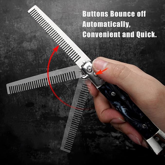 Folding Pocket Comb, Stainless Steel Beard Comb for Men, Switchblade Fine Tooth Mustache Combs Designed for Hair Salon Beauty Tool (Black)