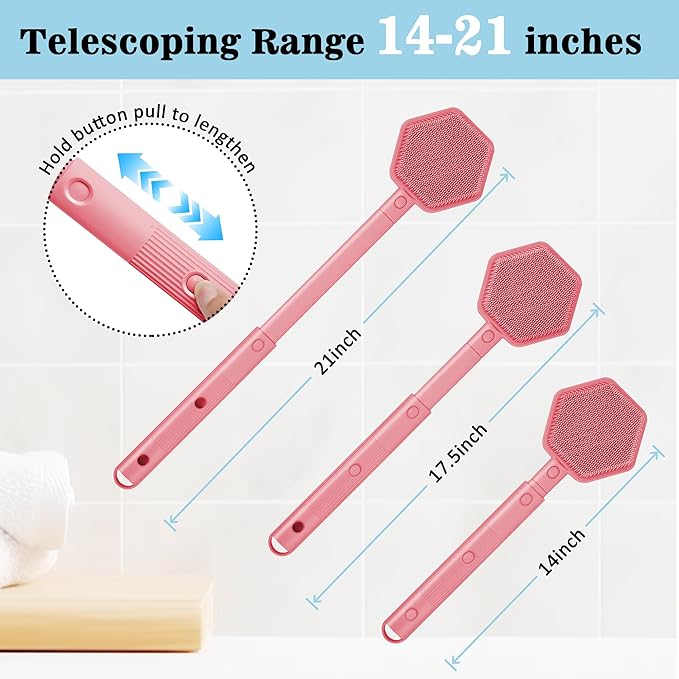Silicone Back Scrubber for Shower with 21" Extendable Handle-Dual-Sided Long Handle Bath Brush for Exfoliating & Massage–Non-Slip Grip, Gentle&Deep Cleansing Body Brush for Men, Women, Seniors (Pink)