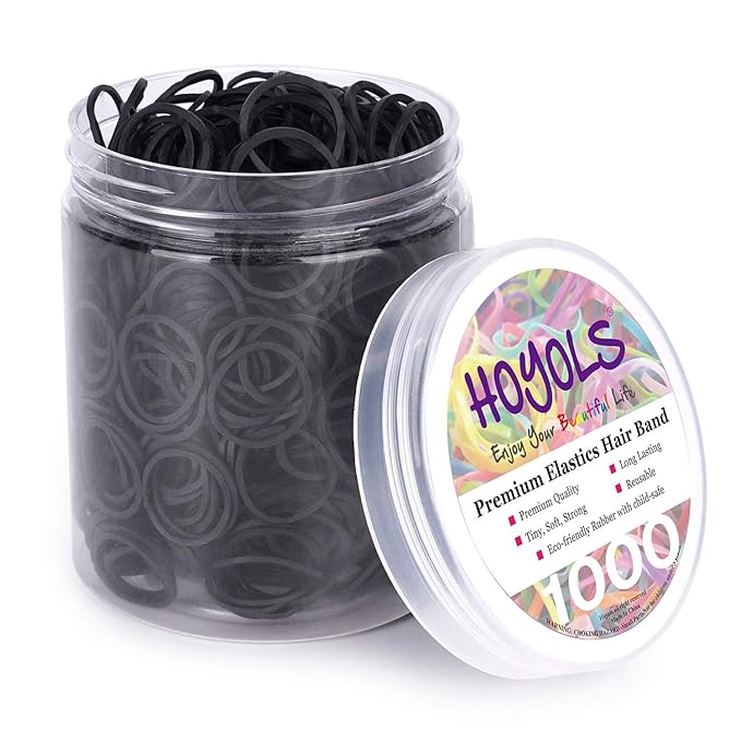 HOYOLS 1/2 Inch Small Black Rubber Bands for Hair Ties Elastics Mini Toddler Braids Ponytail Holders for Baby Girls Infants Kids Thick Hair No Damage 1000pcs (S) Latex-Free