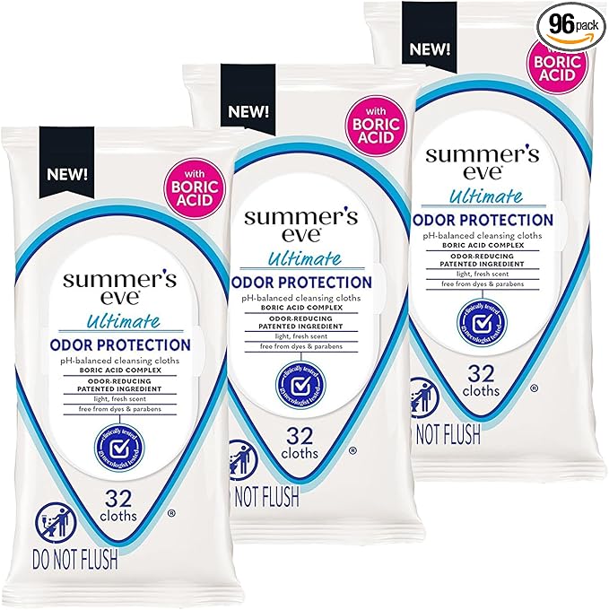Summer's Eve Ultimate Odor Protection Daily Feminine Wipes, Gentle pH-Balanced Formula with Boric Acid Cleanses & Removes Vaginal Odor, Resealable Pack, 32 Body Wipes (Pack of 3)