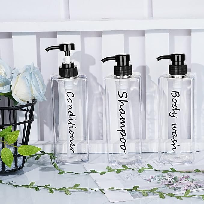 Shampoo Dispenser - Refillable Shampoo and Conditioner Bottles (Clear, Set of 3, 21oz) - Modern Shampoo Bottles for Shower Soap - Empty Shampoo Conditioner Body Wash Dispenser Set - for Bathroom