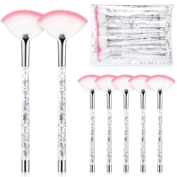 Nuenen 12 Pcs Soft Fan Facial Brushes Mask Acid Applicator Brush for Mud Cream Blush Makeup Peel Glycolic Multi Use Cosmetic Tools with Glitter Quicksand Handle and Pouch(Silver)