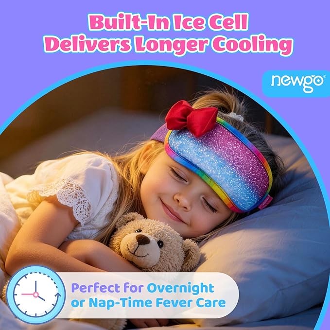 NEWGO Kids Head Ice Pack Wrap - Reusable Soft Gel Cooling Headband for Toddler Fever Relief, Migraine & Headaches - Adjustable Cute Cold Compress for Children Boo Boos and Minor Injuries