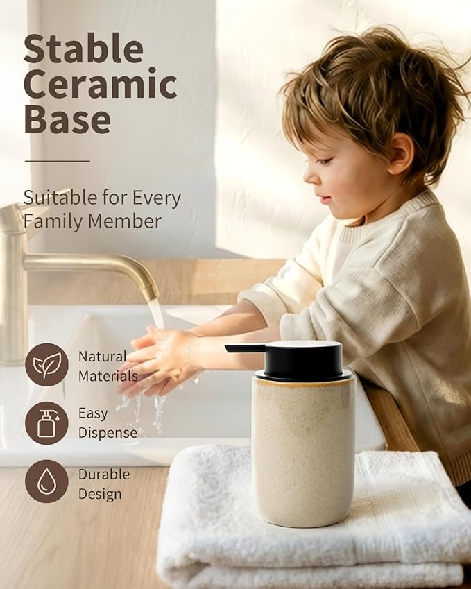 BosilunLife Foam Soap Dispenser - Ceramic Foaming Hand Dispenser for Bathroom Modern Farmhouse Small Soap Dispenser Hand Pump Dispenser for Kitchen Sink (Greige with Speckle, Foam Pump)