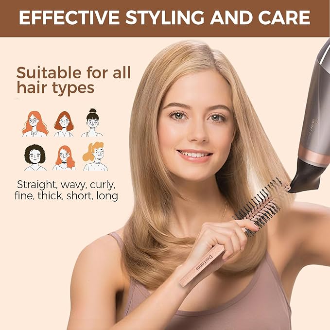 Small Round Brush for Blow Drying, Wooden Handle Roller Brush with Soft Nylon Bristles, Curling Hair Brush for Wet Hair, Bangs, Beard, Styling (Round)