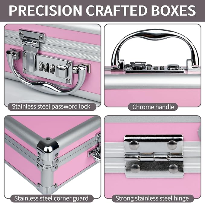 Large Portable Cosmetic Box with 6 Accessories, Aluminum Makeup Storage Lock Case. 11.2 X 8 X 3.9 Inches, Great Gift for Women. (Pink)