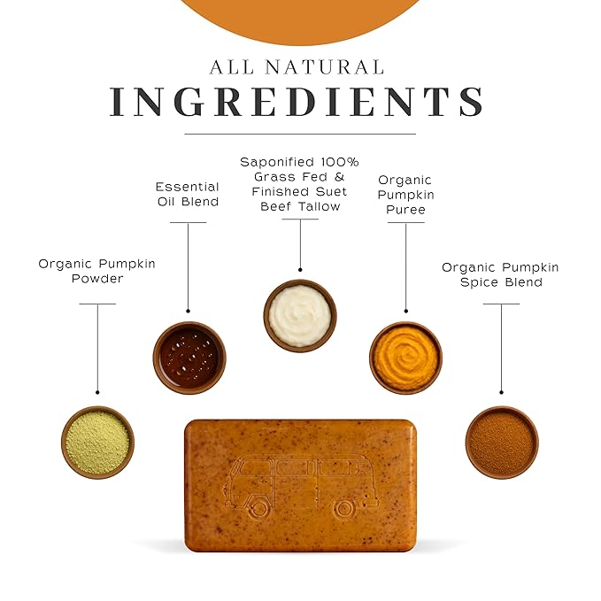 VanMan Pumpkin Spice Body Soap - Grass Fed Finished Suet Beef Tallow & Pumpkin Puree - Nourishing, Hydrating & Moisturizing Natural Bar Soap with Essential Oils - Autumn Scent - 3.8 oz Bar (5 Pack)