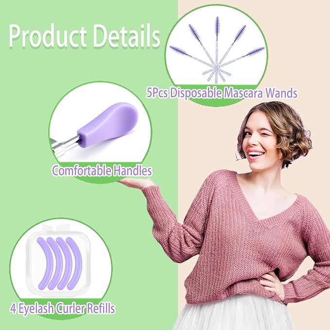 BenePoint Eyelash Curler, Lash Curler with Bonus 4Pcs Replacement Lash Pads& 5Pcs Eyelash Spoolies, Eyelash Curler Kit Portable Travel Eyelash Curler for Eyelash Extension (Purple)