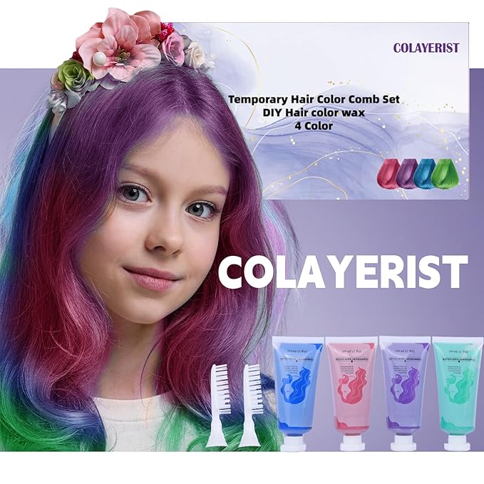 Hair Color Wax for Girls, 4 PCS Temporary Hair Dye in Green, Blue, Pink, Purple, Washable Hair Chalk Kit for Kids & Adults, Great Gifts for 6-13 Year Old Girls Birthday