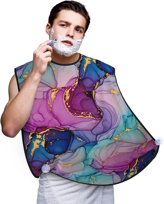 Adjustable Beard Bib, Non-Stick Hair Catcher Cape for Men's Shaving, Waterproof with 2 Suction Cups, Purple Gold Marble Shave Bib