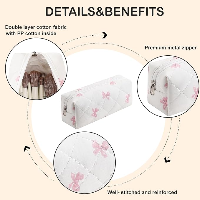 Cute Floral Makeup Brush Bag Small Cotton Quilted Cosmetic Bag for Women Travel Toiletry Zipper Make Up Pouch (Pink Small Bowknot)
