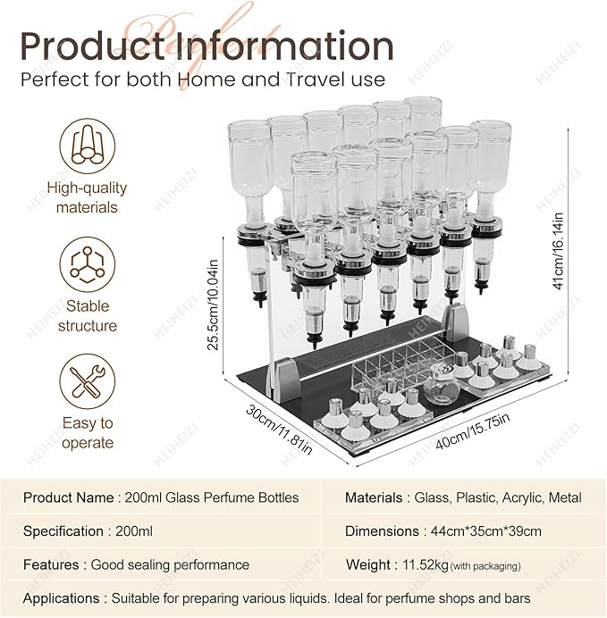 Manual Liquid Filling Machine Transfer Tools Kit 12 Bottles, Adjustable Perfume Dispenser Kit, with 12 Pump Heads & 12 Testing Cups, for Perfume Store Studio Salon Bar