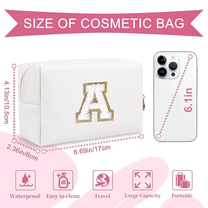 Small Personalized Initial A-Z Preppy Patch Makeup Bag,White PU Chenille Letter Travel Cosmetic Pouch with Zipper,Cute Toiletry Bag,Gift Ideal for Teen Girls Women Teacher Bridesmaid,Letter A