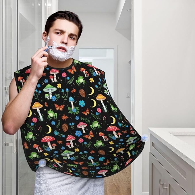 Waterproof Grooming Apron, Non-Stick Beard Bib with Suction Cups, for Moon Frogs Trippy Mushroom Leaves