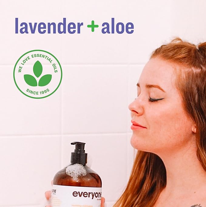 Everyone 3-in-1 Soap, Body Wash, Bubble Bath, Shampoo, 32 Ounce (Pack of 2), Lavender and Aloe, made with Essential Oils for Men and Women