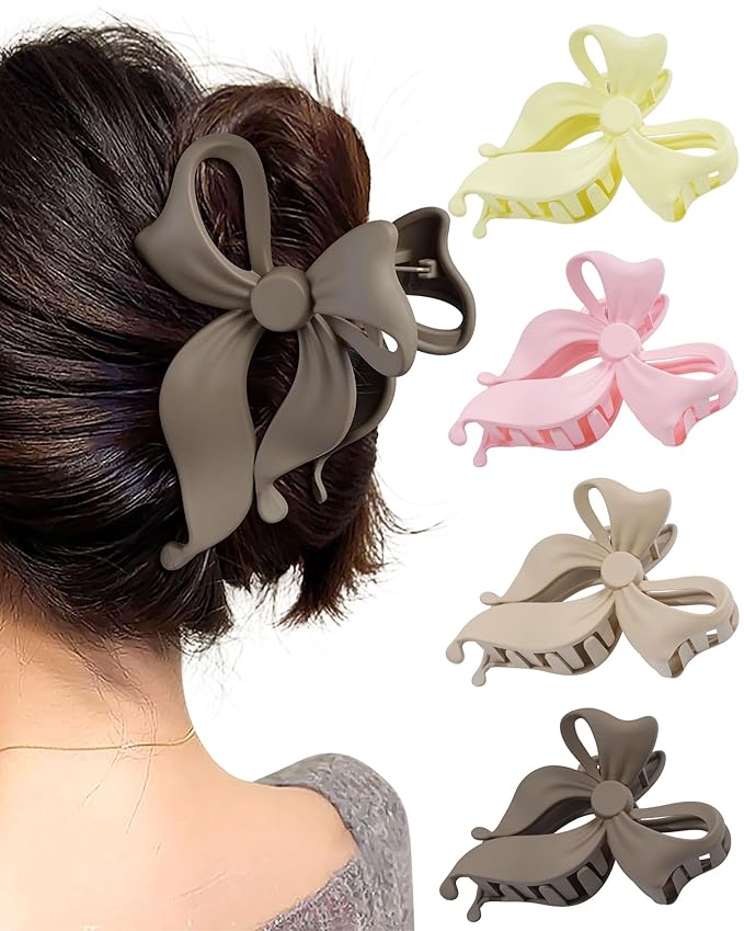 Mesovor 4 Pack Cute Bow Claw Clip for Women, Nonslip Large Matte Strong Hold Bows Hair Clips for Thin and Thick Hair | Chic Hair Styling Accessories (4.1" Khaki, Brown, Beige, Pink)