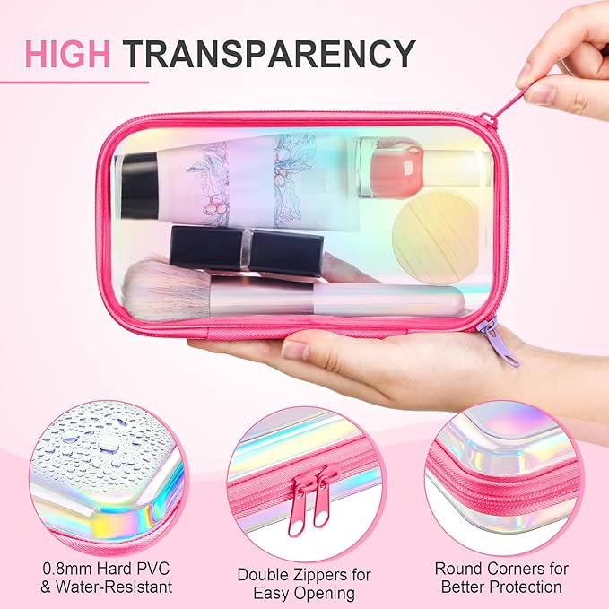 Hoolerry 4 Pcs Hard Clear Zipper Case Makeup Bags Plastic Zipper Pouch Transparent Storage Box Containers for Cosmetics, Snacks, Building Blocks, Puzzles(Clear,7.5 x 3.9 x 2 in,Pink Laser)